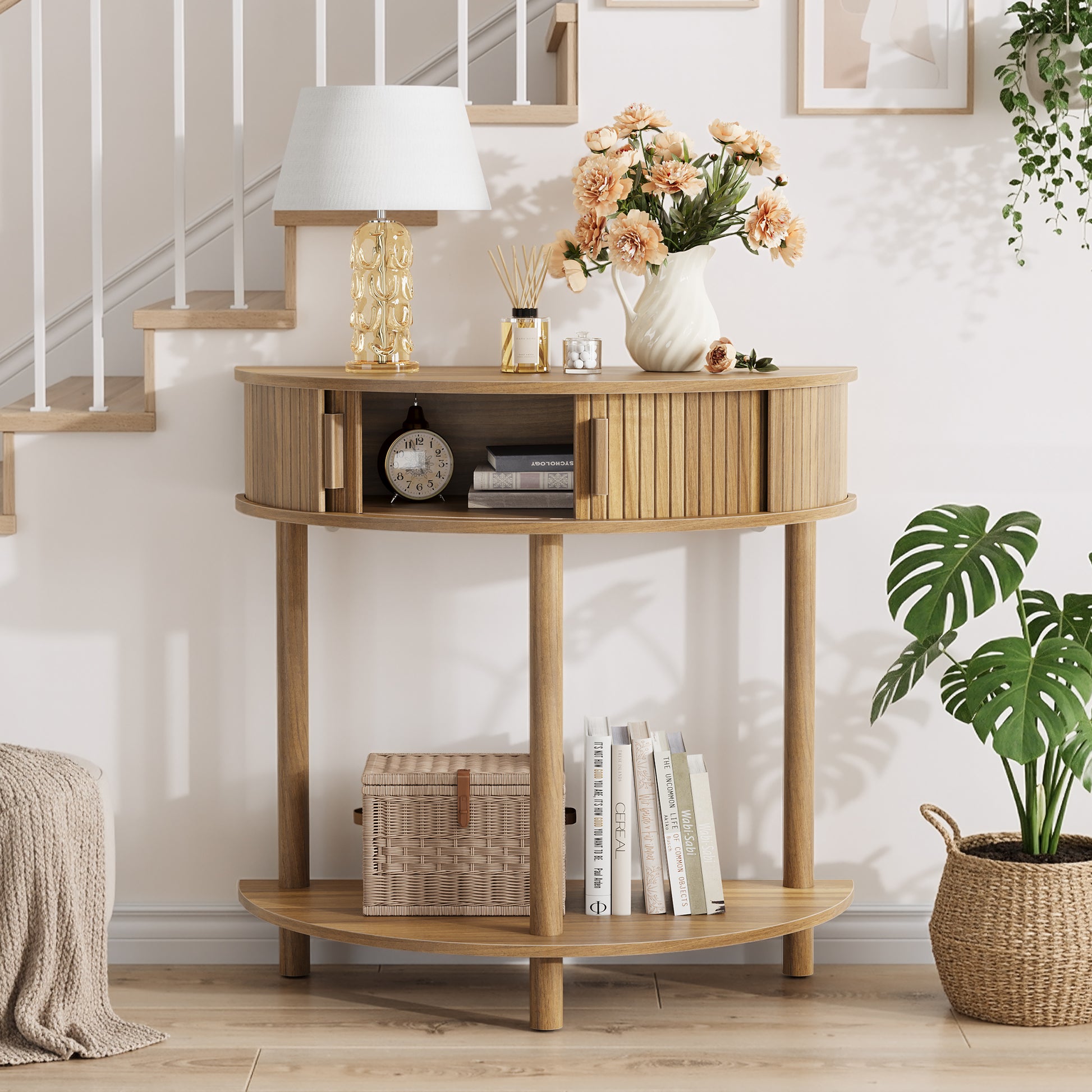 31.5-Inch Grooved Half-Moon Console Table, Farmhouse Sofa Table Behind Couch, Modern Entryway Table, Decorative Table for Living Room, Hallway, Entryway or Foyer Narrow Entry, Walnut image 1