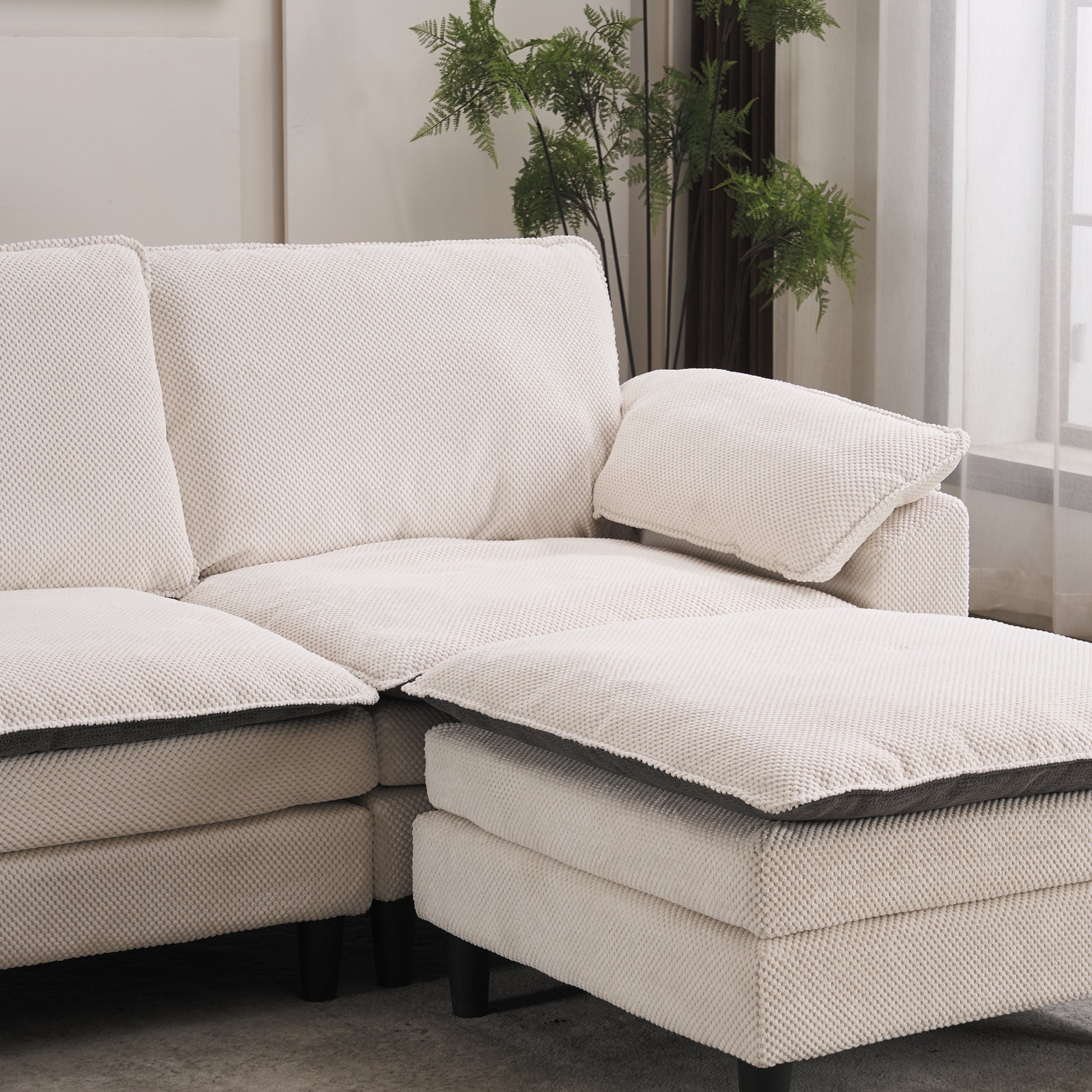 129.92" Black & White Two-Tone L Shaped Cloud Sofa, Modular Sectional with Ottoman, 3-Seat Chenille Deep Seat and Pillow – Perfect for Living Room, Bedroom, Apartment image 4