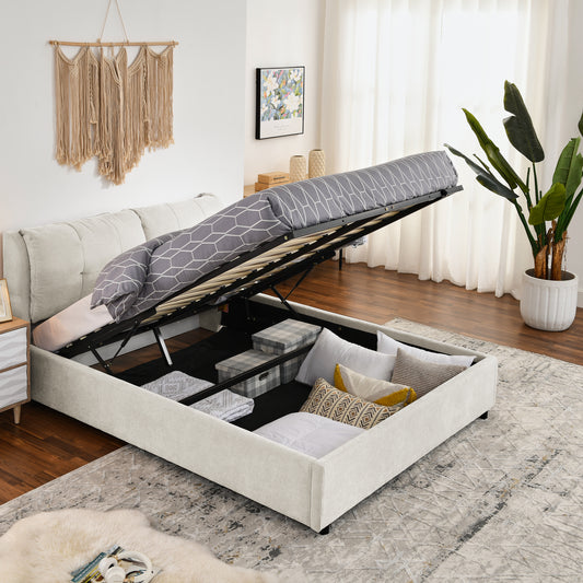Queen Size Storage Upholstered Hydraulic Platform Bed with Integrated Headboard, Chenille Fabric, Beige image 1