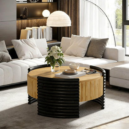 31.50" Modern Colorblocked Striped Coffee Table with Flip Top Storage Coffee Table - Natural Wood Finish for Living Room, Apartment, Office, Easy to Assemble, Wooden Color Tabletop + Dark Brown image 2