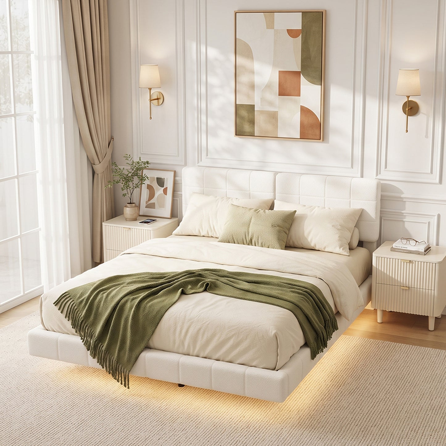 White Boucle Floating Bed with Light,King image 1