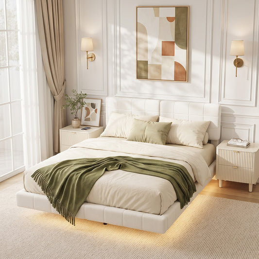 White Boucle Floating Bed with Light,King image 1