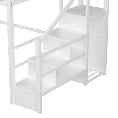 Queen Size Loft Bed with Stairs, Metal Queen Loft Bed with High and House Shaped Guardrails, High Loft Bed with Wardrobe for Kids Teens, White (Old SKU W2593S00038 Expect Arrival Date2026/3/7) image 9