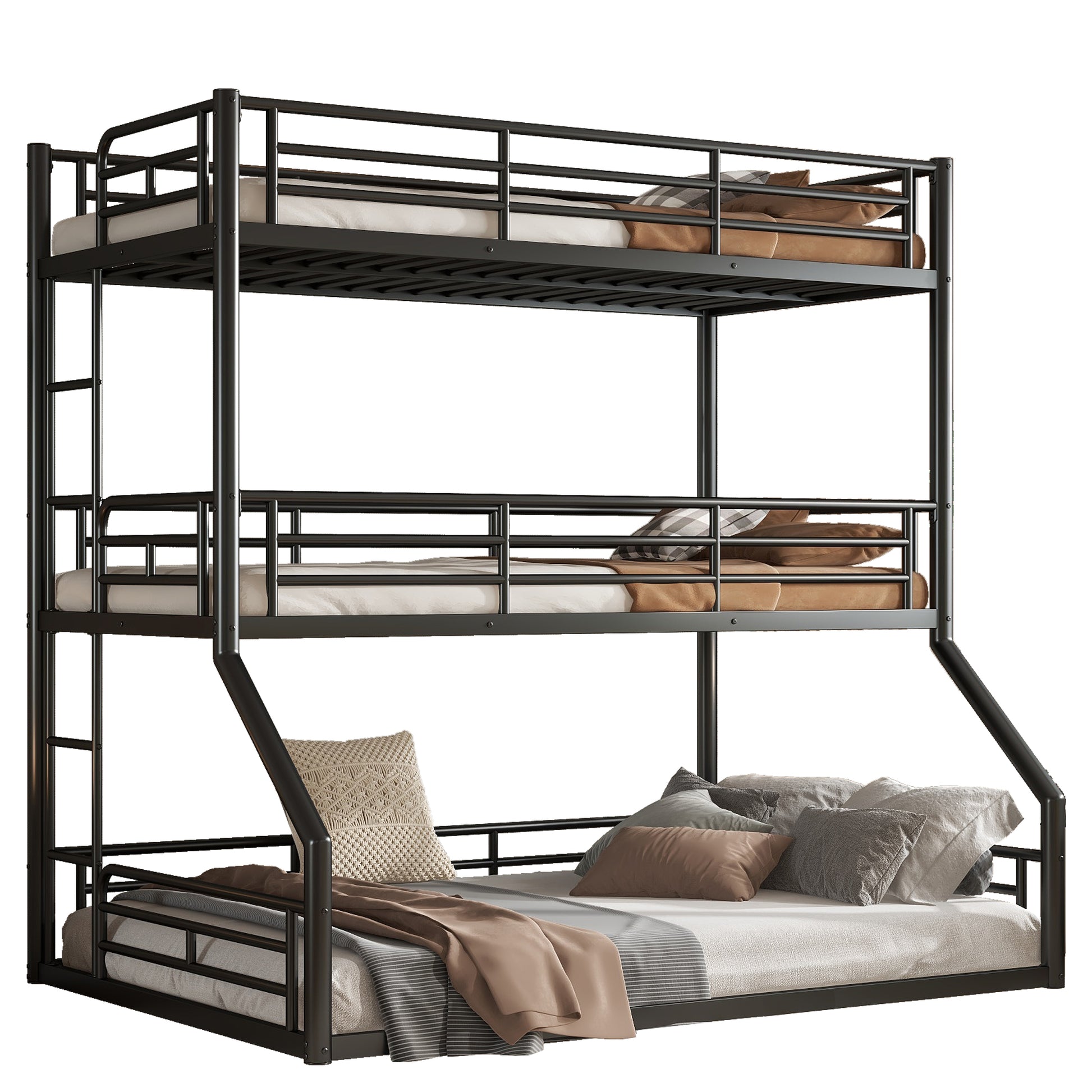 Twin over Twin over Full Bunk Bed, Metal Triple Bunk Bed with Safety Guardrails, Heavy-duty Bunk Bed with Noise-reduced Design, Black image 4