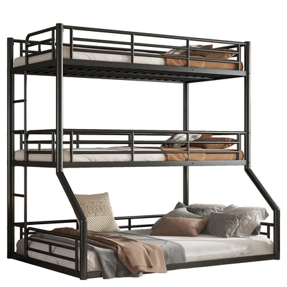 Twin over Twin over Full Bunk Bed, Metal Triple Bunk Bed with Safety Guardrails, Heavy-duty Bunk Bed with Noise-reduced Design, Black image 4