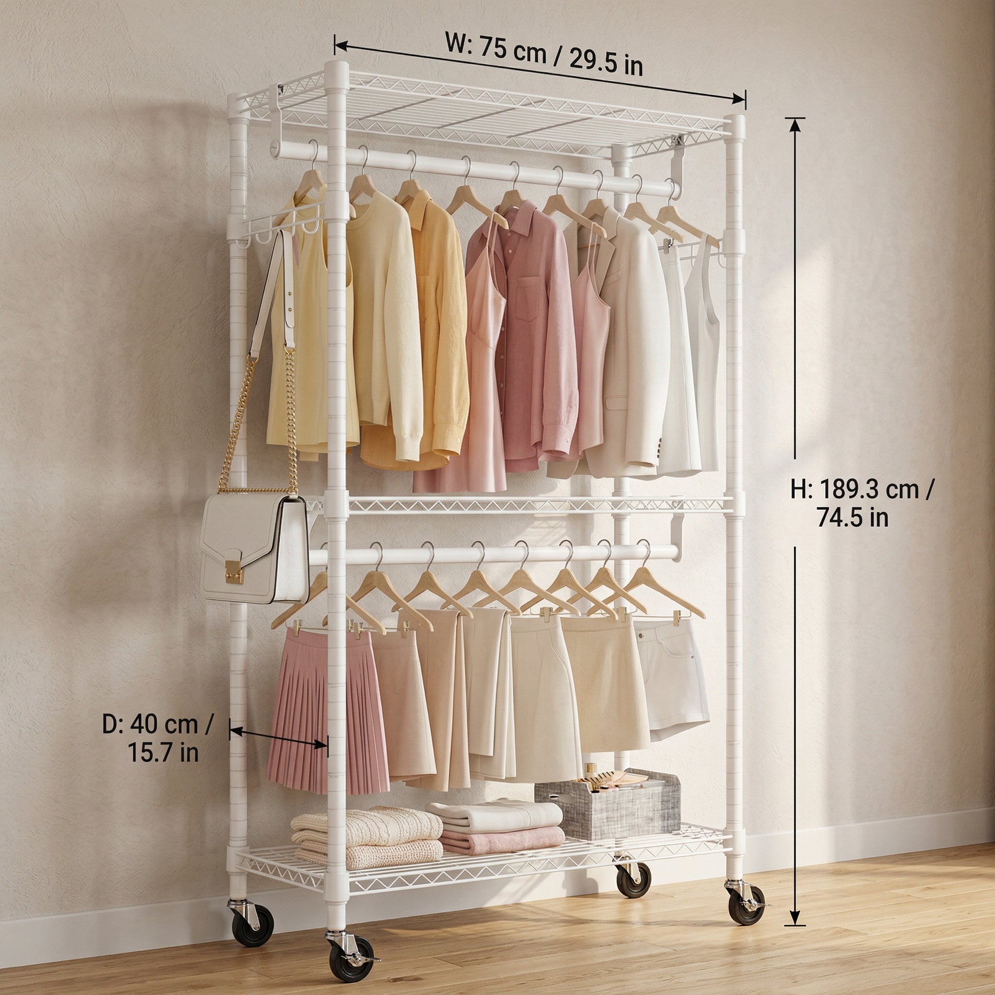 Heavy Duty Rolling Garment Rack 3 Tiers Adjustable Wire Shelving Clothes Rack with 2 Rods and Side Hooks,Storage Closet Clothing Rack with Wheels White 15.7" D x 29.5" W x 74.5" H image 5