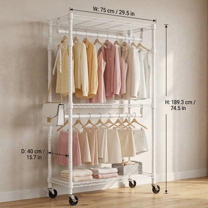Heavy Duty Rolling Garment Rack 3 Tiers Adjustable Wire Shelving Clothes Rack with 2 Rods and Side Hooks,Storage Closet Clothing Rack with Wheels White 15.7" D x 29.5" W x 74.5" H image 5