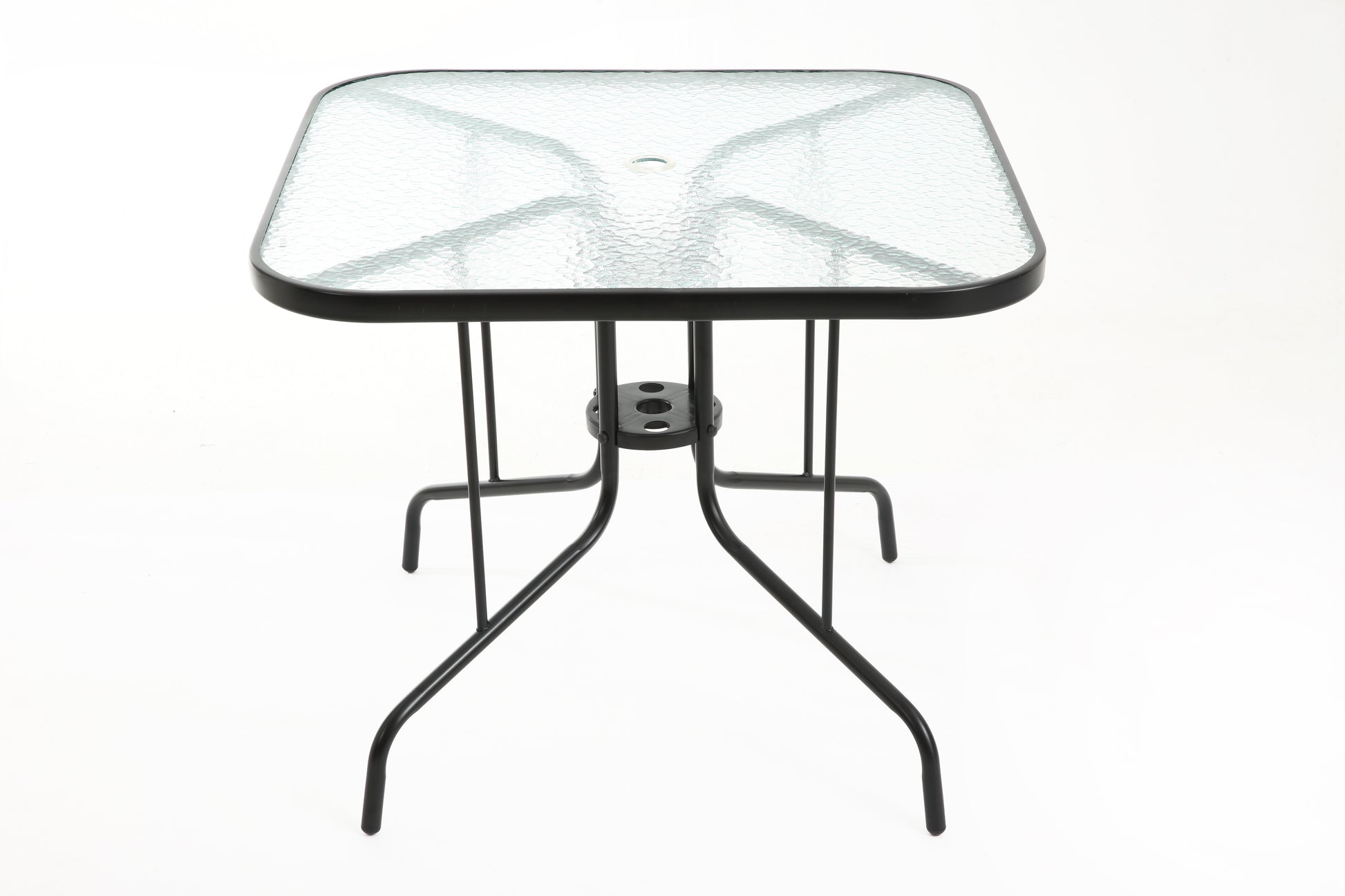 Tangkula 35 Inch Patio Dining Table with Tempered Glass Top, Square 4-Person Outdoor Bistro Table with 1.5" Umbrella Hole & Sturdy Metal Frame, Patio Dining Table for Backyard, Lawn, Deck & Poolside image 4