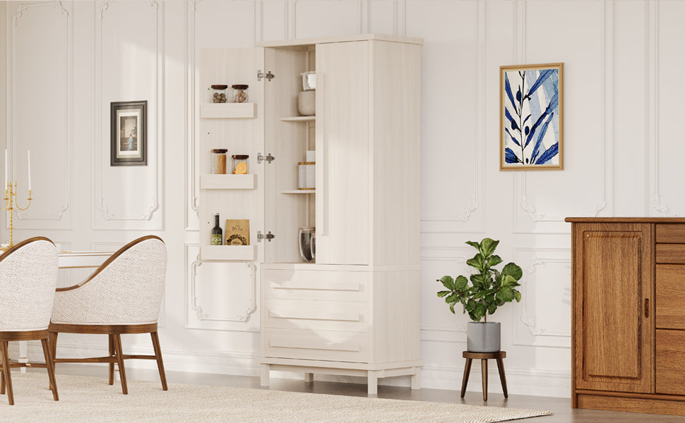 70" Kitchen Pantry Cabinet with 2 Cabinet Shelves,Luxurious Wooden Cupboard with 6 Door Shelves and 3 Drawers for Kitchen, Dining Room,White image 6