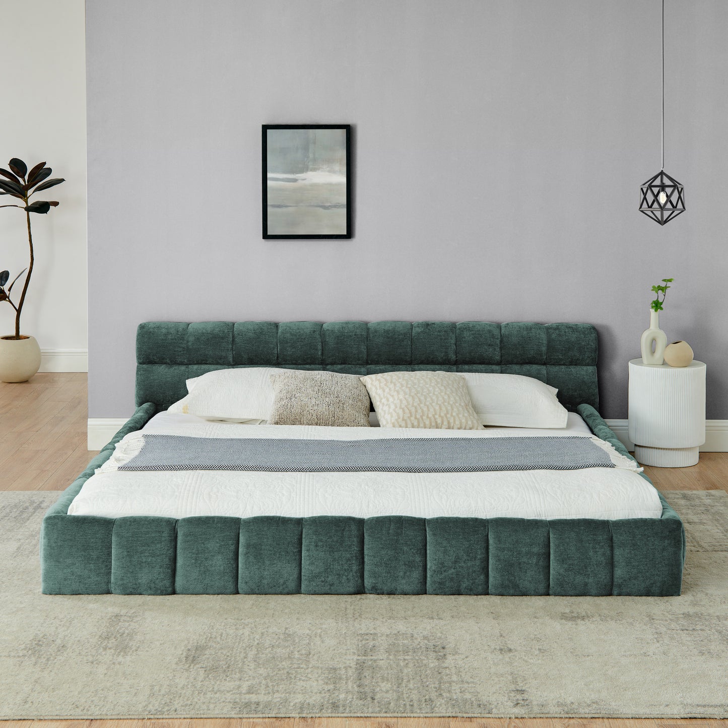 King size Upholstered Bed Frame with Thick Fabric, Chenille Fabric Grounded King Size Platform Bed with Headboard and Solid Frame. No Box Spring Needed-green(88.5''*85.5''*24'') image 3