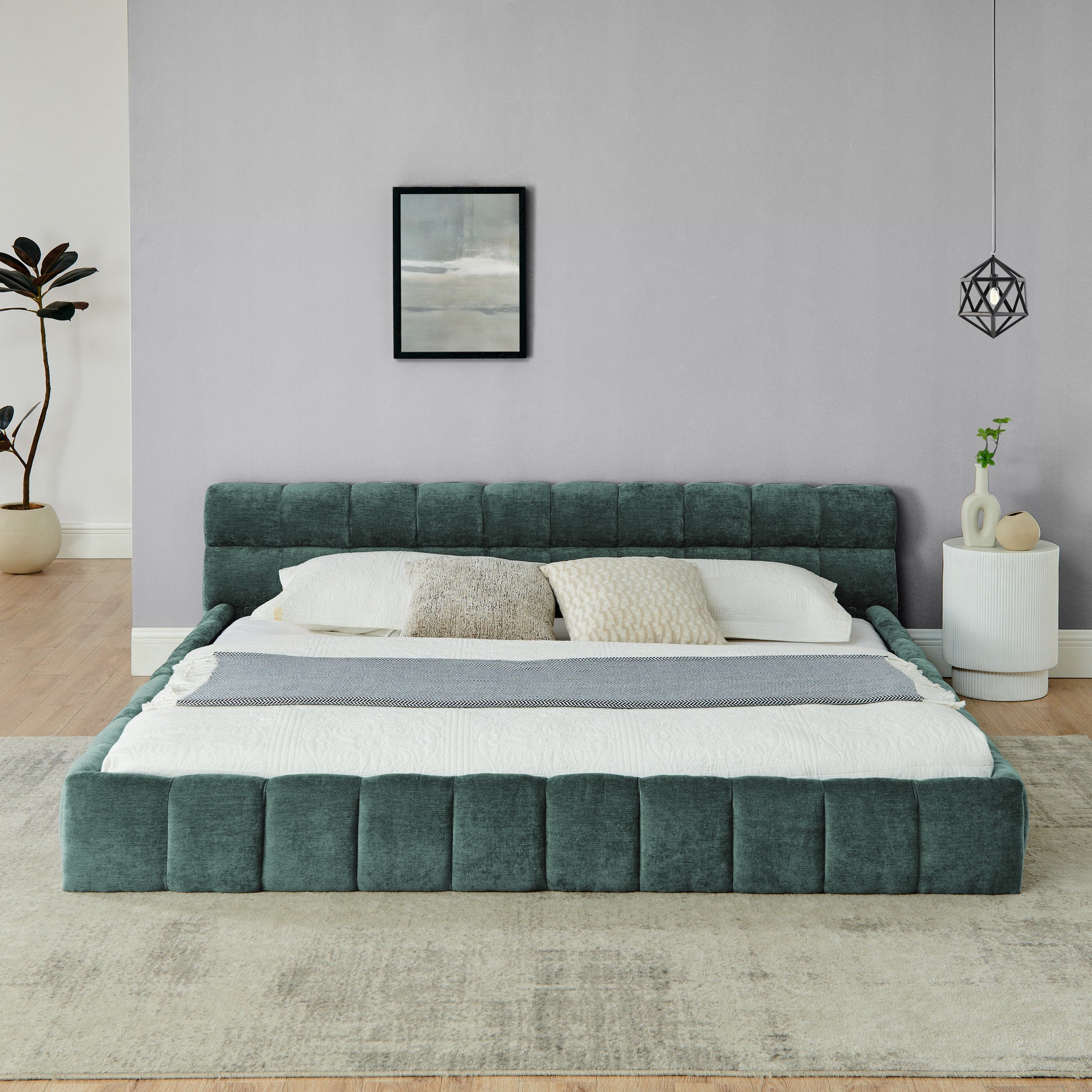 King size Upholstered Bed Frame with Thick Fabric, Chenille Fabric Grounded King Size Platform Bed with Headboard and Solid Frame. No Box Spring Needed-green(88.5''*85.5''*24'') image 3