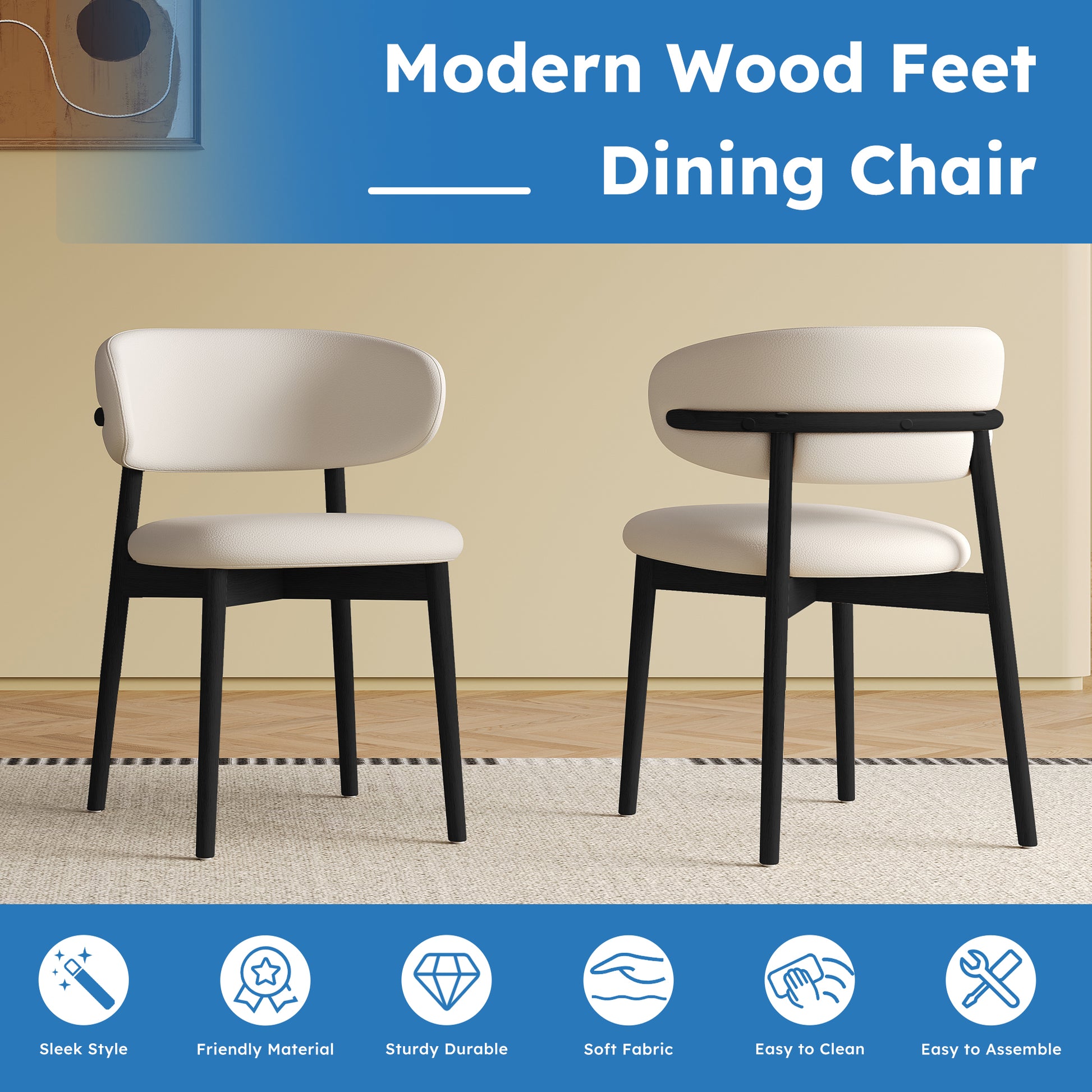 Mid-Century Modern wood feet Dining Chair (Set of 2) – Stylish Wooden Chairs for Dining Room, Kitchen, or Living Room, Comfortable & Durable, Easy to Assemble (black) image 3