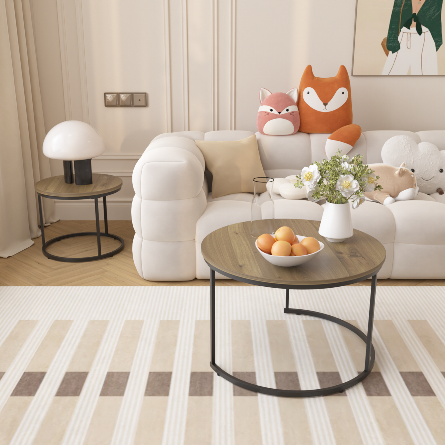 27.6" Nesting Coffee Table Set of 2, Round Coffee Table Wood Marble Pattern Top with Sturdy Metal Frame, End Table Side Tables for Living Room Bedroom Balcony Yard (Brown) image 9