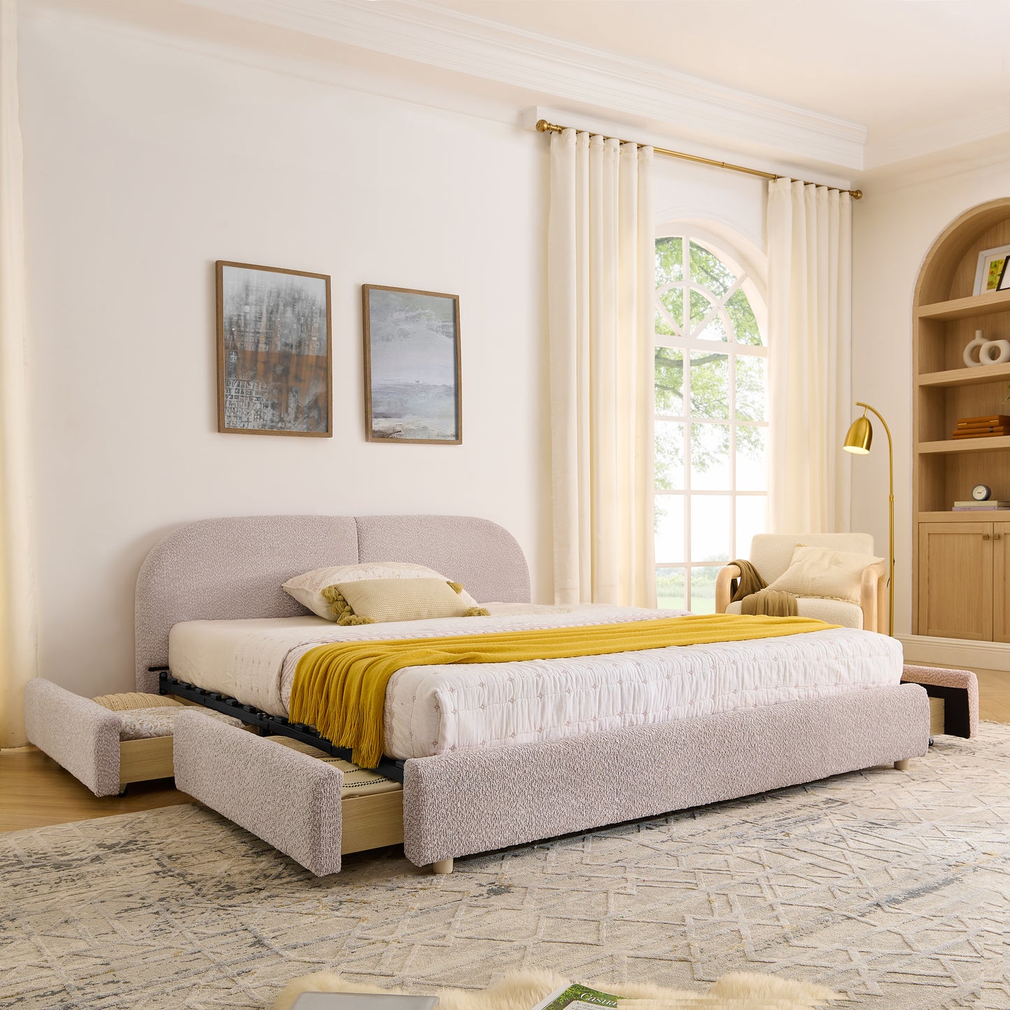 Queen Size Upholstered Bed Frame Modern Minimalist Style - Circle Yarn Fabric, Tall Curved Headboard, Sturdy Leg Support & Wheeled Drawer Storage, Mattress Not Included -Pink image 1