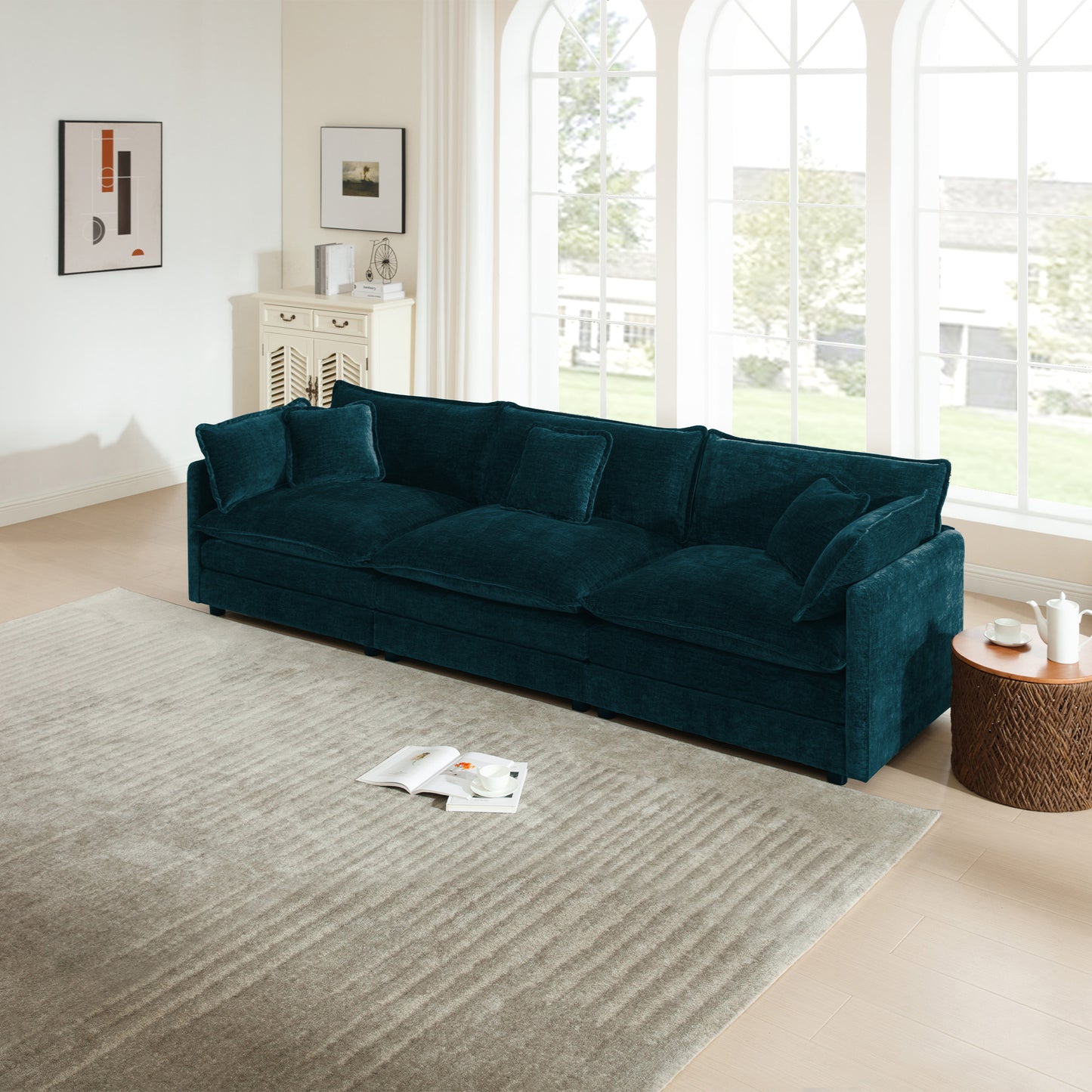 Mid-Century Modern Couch 3-Seater Sofa with 2 Armrest Pillows and 3 Toss Pillows, Couch for Living Room Blue Chenille image 1