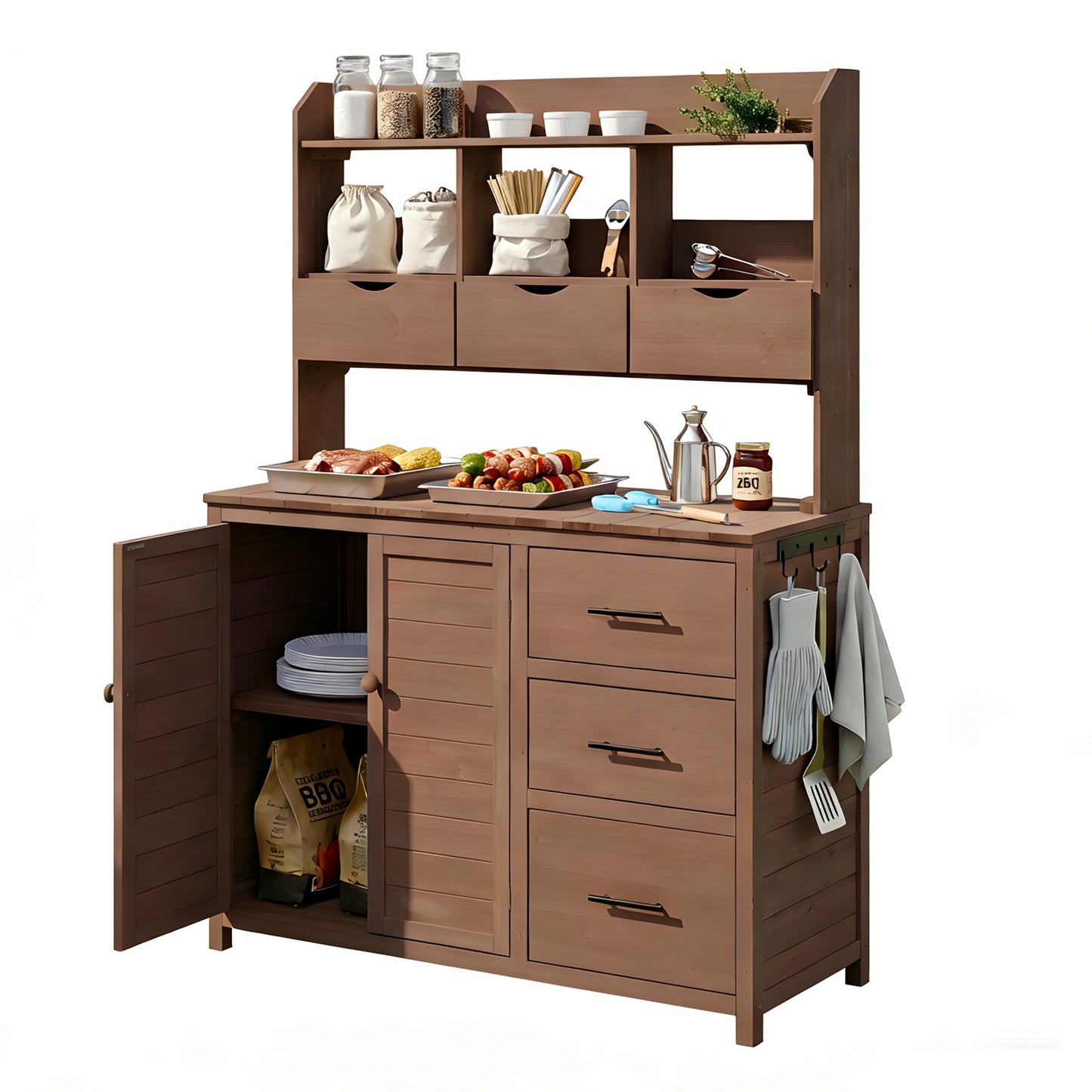 (With Assembly Video) TOPMAX Farmhouse Patio Potting Bench, 44.6''x19.5'' Large Freestanding Garden Workstation with 6 Drawers, Bottom Cabinet and Side Hook, Outdoor Kitchen Island, Brown image 9