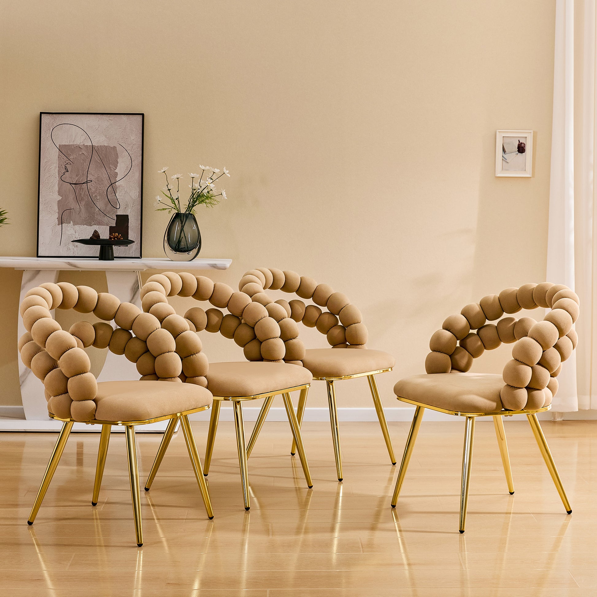 Set of 2 Modern Velvet Dining Chair with Bubble Back, Accent Chair with Gold Metal Legs, Upholstered Vanity Chair for Dining Room, Living Room, Bedroom, Brown & Gold image 6