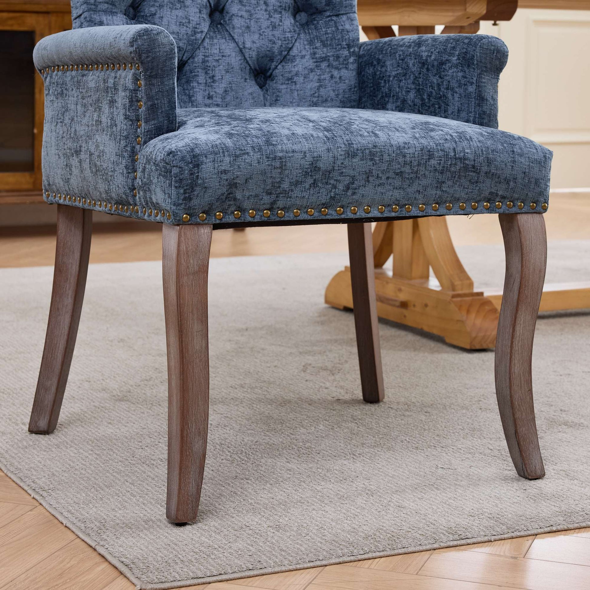 Upholstered Chenille Fabric Accent Dining Chair, Curved Solid Wood Legs, Elegant Tufted Club Dining Room Kitchen Room Arm Dining Chair, Single Pack,Blue,SW1895BL image 12