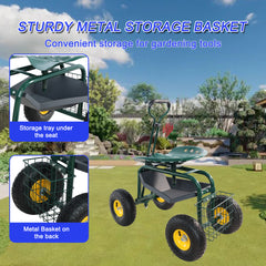 Garden trolley Rolling work chair with wheels, garden stool for planting, 360 degree swivel seat, station wagon scooter with steering handle and utility tray, for yard and outdoors, (green)