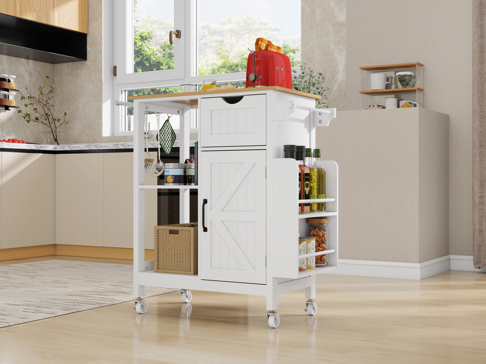 Kitchen Island Cart with Mobile Carts with Storage Cabinet, Rolling Kitchen Table with Spice Rack, Towel Rack, and Drawer, Portable Islands on Wheels, White image 6