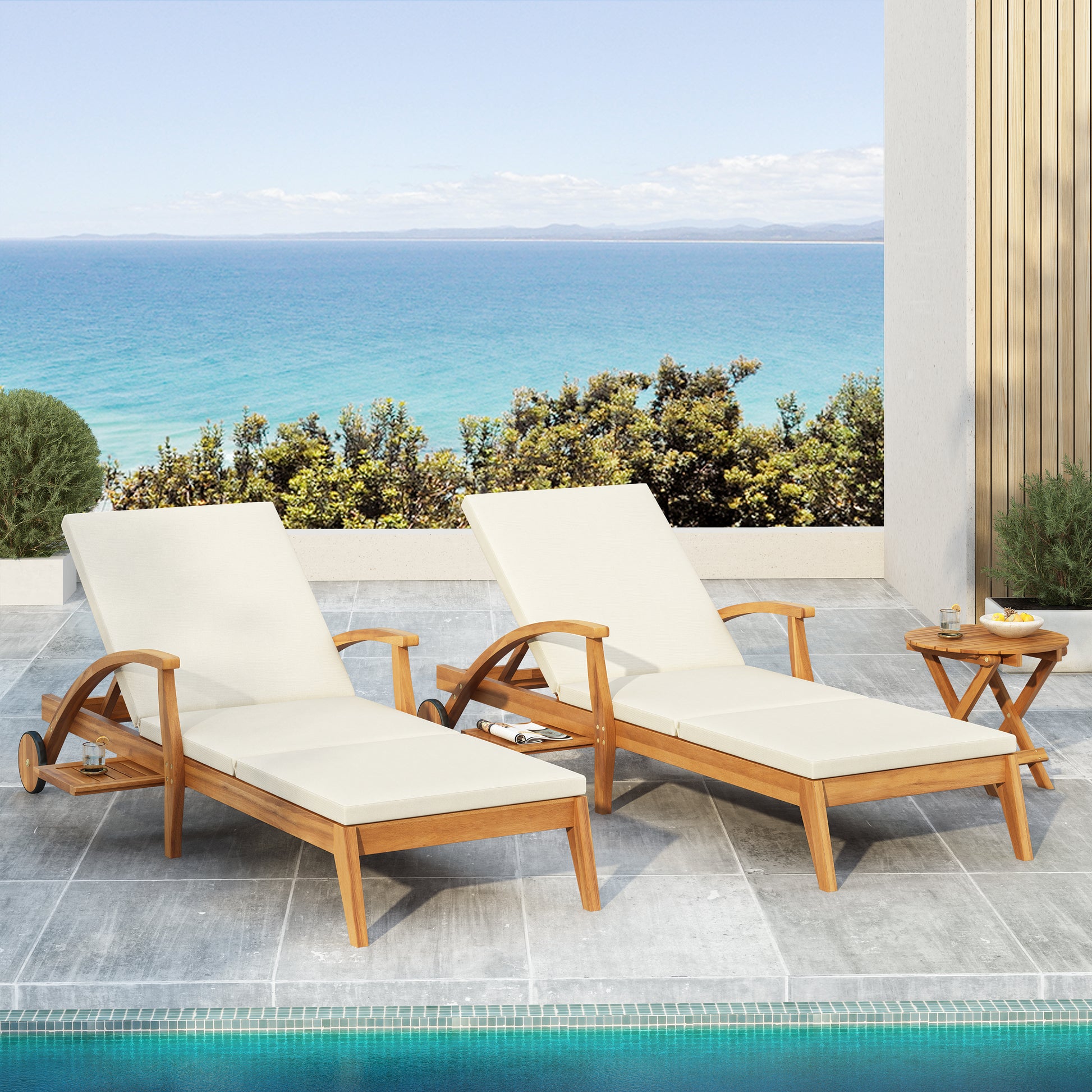 CHAISE LOUNGE WITH WHEEL - ACACIA WOOD RECLINER FOR PATIO/GARDEN, WITH 2INCH WHITE CUSHION, 4-POSITION ADJUSTABLE BACKREST, VERSATILE OUTDOOR FURNITURE (Only 1 SET: 1 frame+ 1 Cushion) image 5