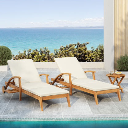 CHAISE LOUNGE WITH WHEEL - ACACIA WOOD RECLINER FOR PATIO/GARDEN, WITH 2INCH WHITE CUSHION, 4-POSITION ADJUSTABLE BACKREST, VERSATILE OUTDOOR FURNITURE (Only 1 SET: 1 frame+ 1 Cushion) image 5