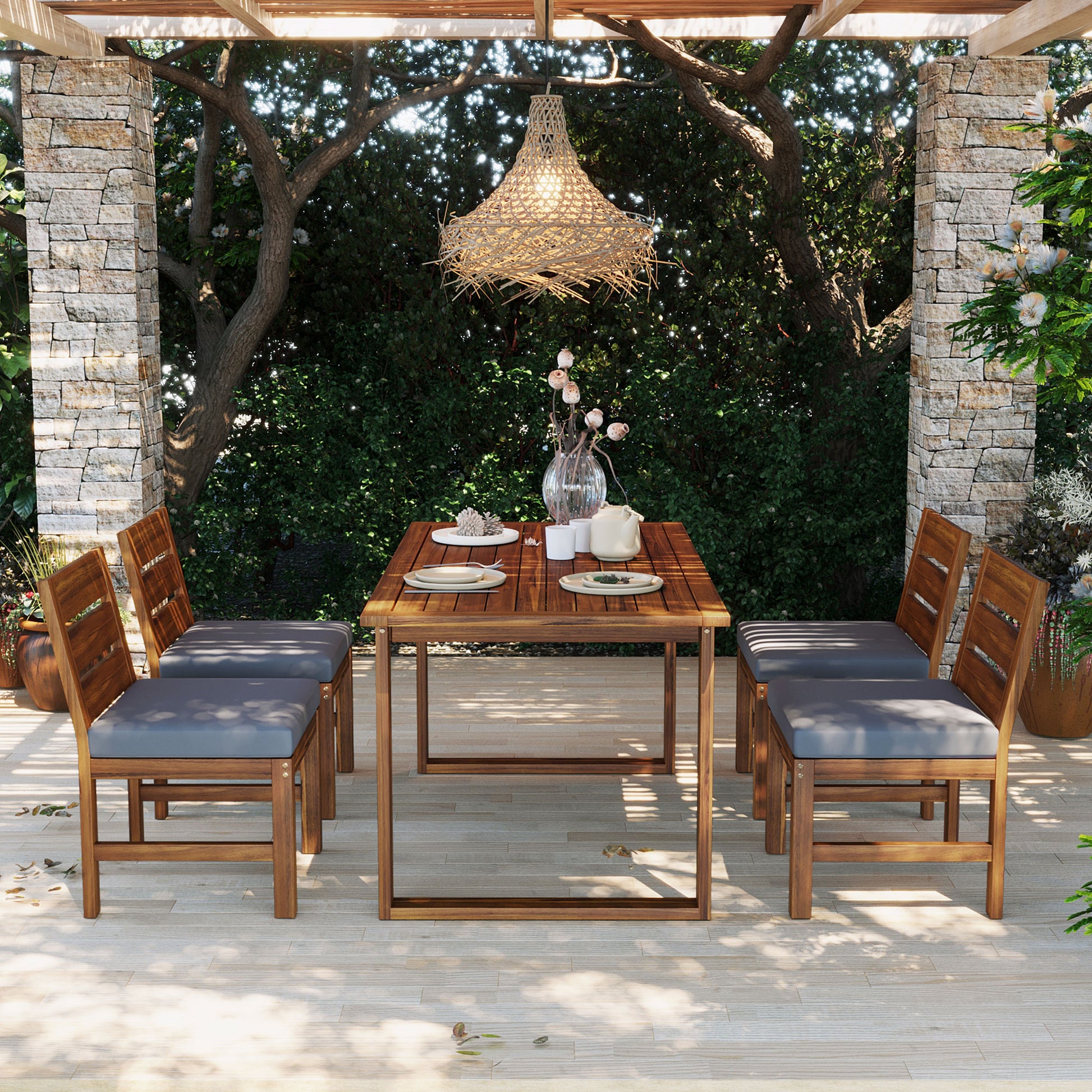 U_STYLE Farmhouse 5-Piece Outdoor Patio Dining Set with Adjustable Legs,Acacia Wood Dinning Set for 4,Suitable for Backyard, Garden, or Deck image 2