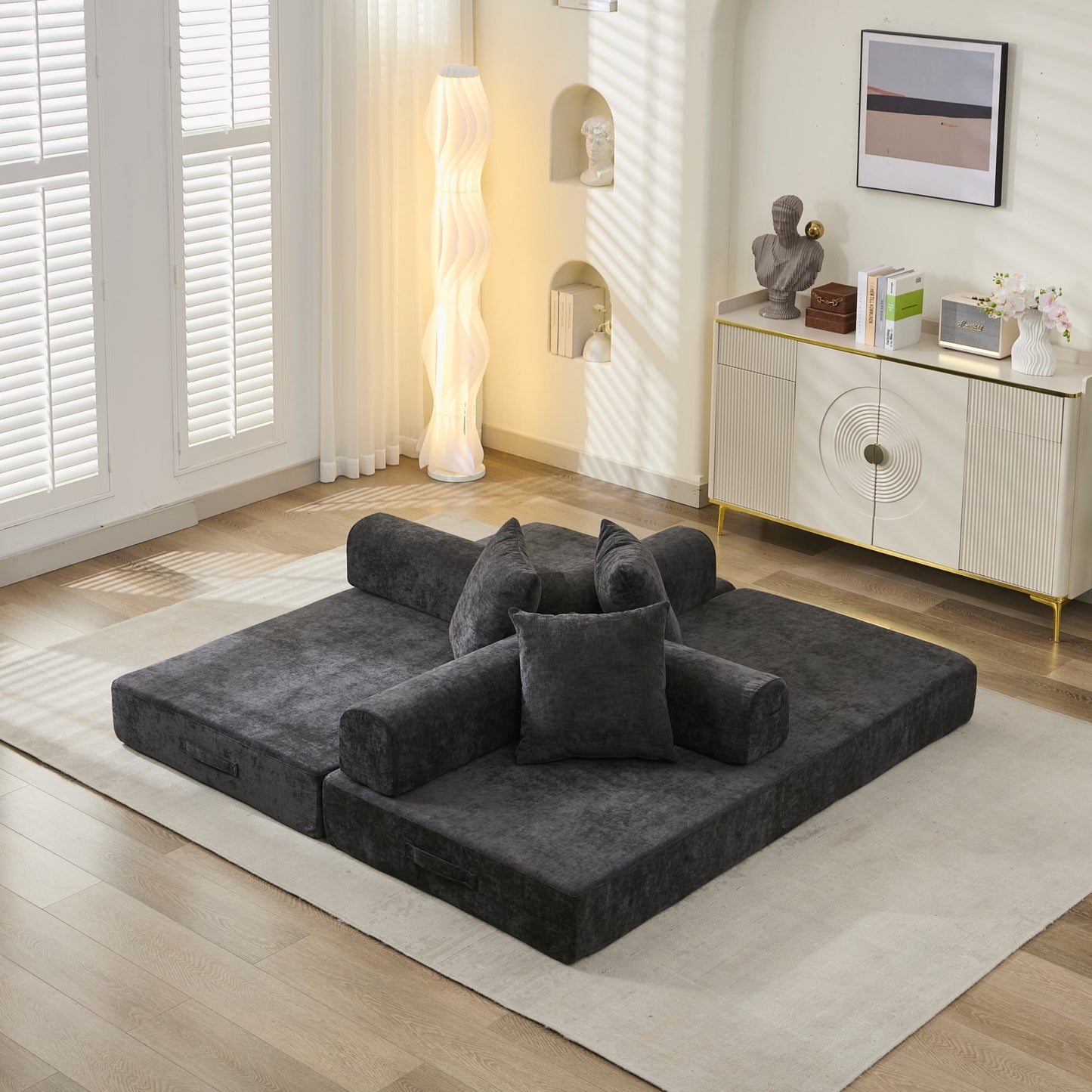 Comfy Convertible Folding Mattress Couch, Floor Sofa Bed, Chenille Floor Sofa with Armrest, Floor Sofa Lounge Couch for Living Room Bedroom Lounge Studio-Black image 4