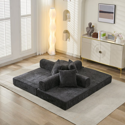 Comfy Convertible Folding Mattress Couch, Floor Sofa Bed, Chenille Floor Sofa with Armrest, Floor Sofa Lounge Couch for Living Room Bedroom Lounge Studio-Black image 4