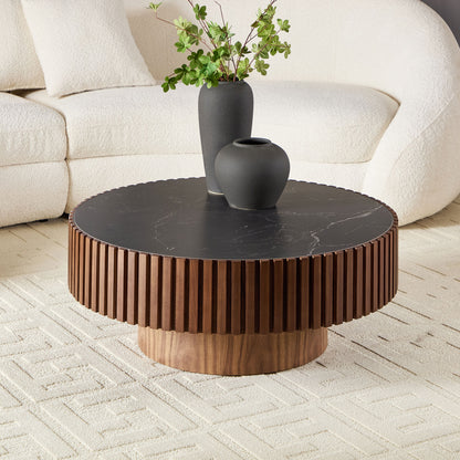 35.43'' Nesting Round Sintered Stone Tabletop Modern Drum Coffee Table Luxury Circle Coffee Table for Apartment Walnut image 11