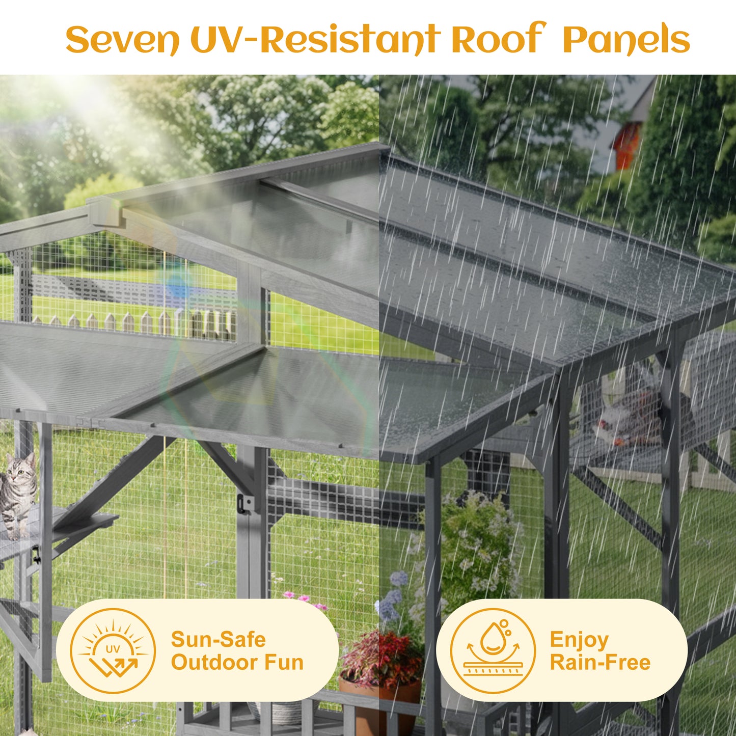 Large Outdoor Catio for 6-10 Cats, Pine Wood Cat Cage Outdoor with Weatherproof Roof, 6 Platforms, Climbing Ramp, 1 Resting Box and Cat Scratching Post, Outdoor Cat House with Storage Shelves, Grey image 4