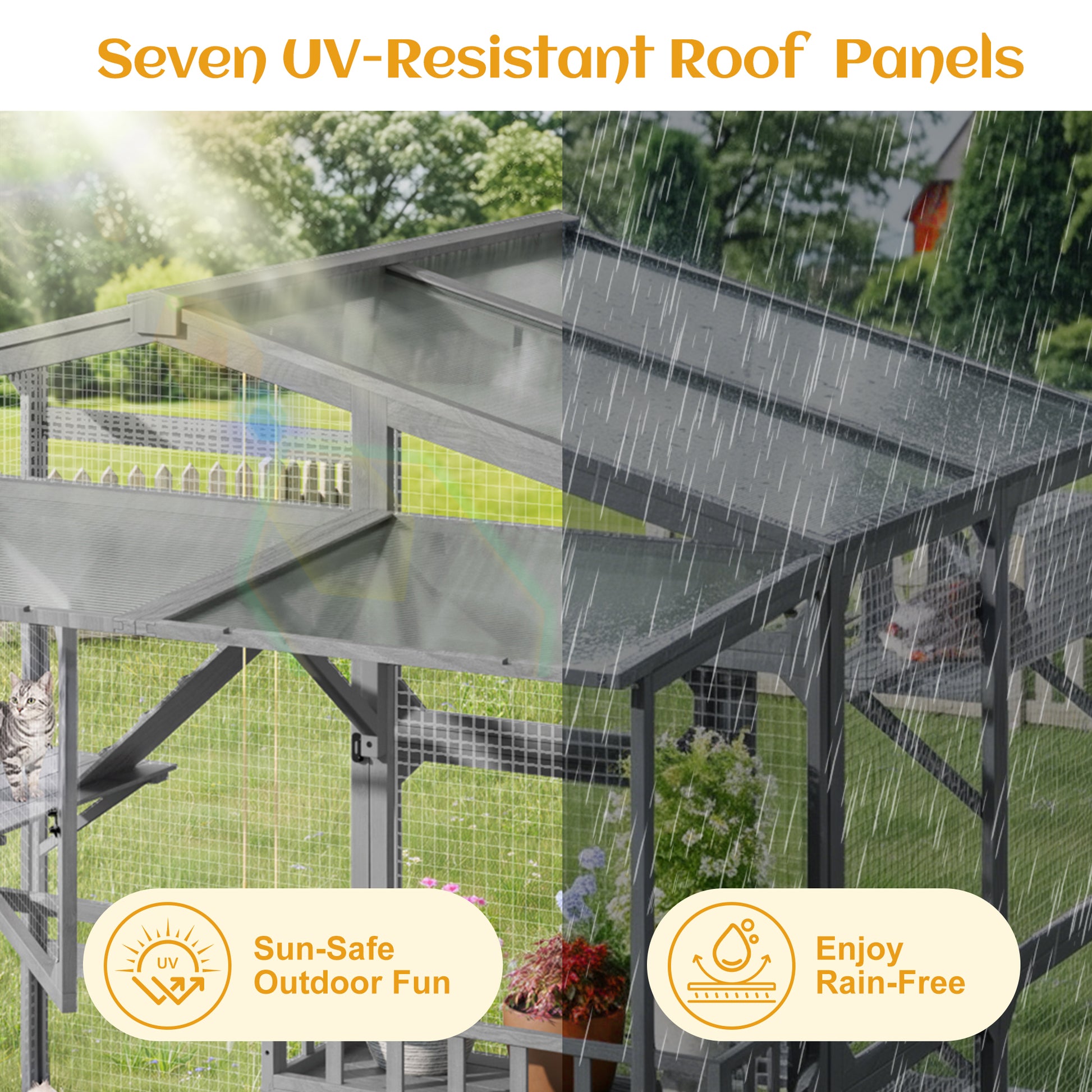 Large Outdoor Catio for 6-10 Cats, Pine Wood Cat Cage Outdoor with Weatherproof Roof, 6 Platforms, Climbing Ramp, 1 Resting Box and Cat Scratching Post, Outdoor Cat House with Storage Shelves, Grey image 4