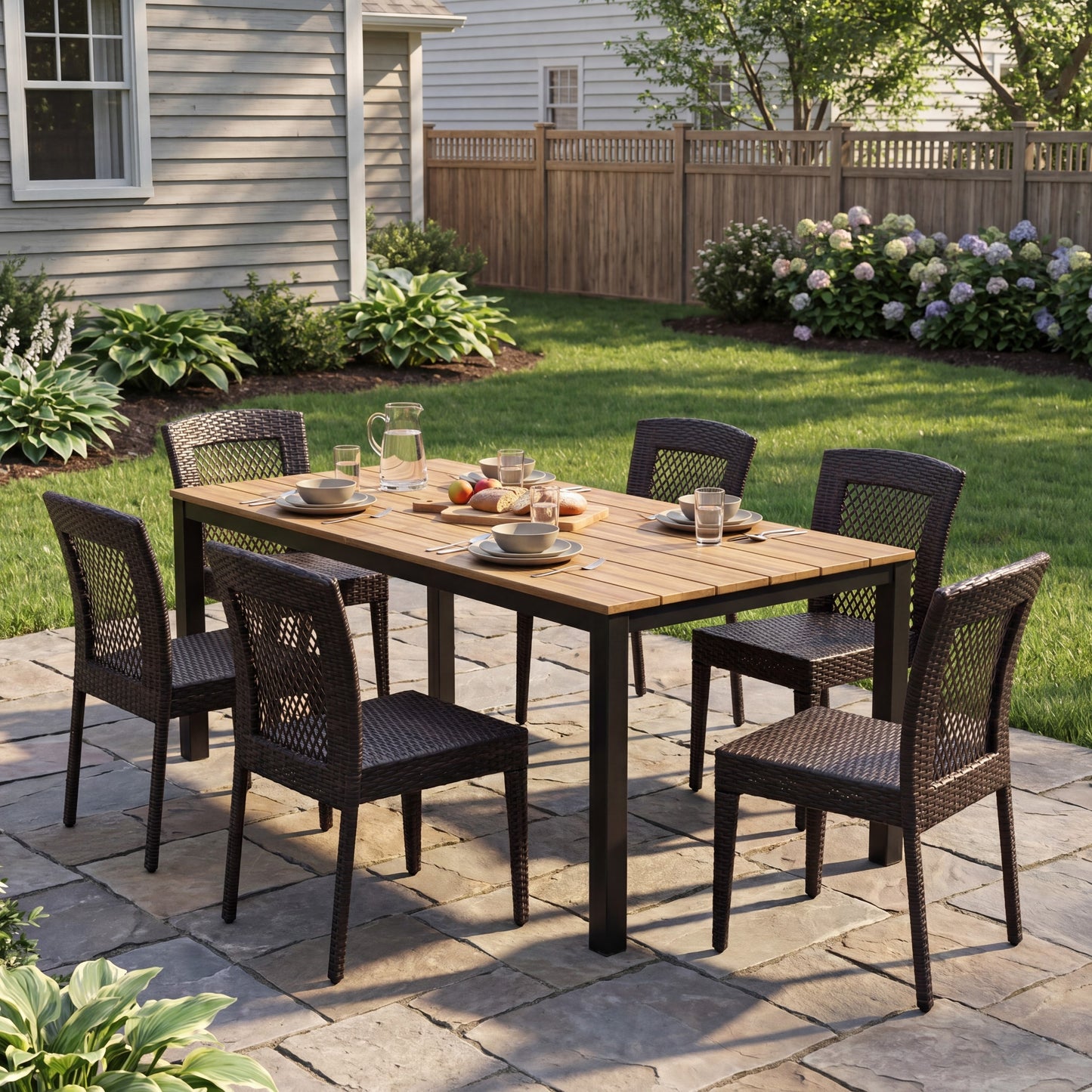 7-Piece Outdoor Dining Set, Acacia Wood Table & 6 Multi-Brown PE Rattan Chairs, Patio Dining Furniture image 2