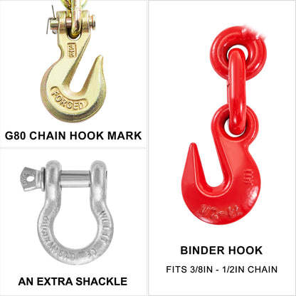 Chain and Binder Kit 3/8in-1/2in, Ratchet Load Binders 9215lbs Working Strength, Ratchet Binders and Chains, 3/8in x 10ft Chains with G70 Hooks, for Truck, Tie Down, Hauling, Towing image 7