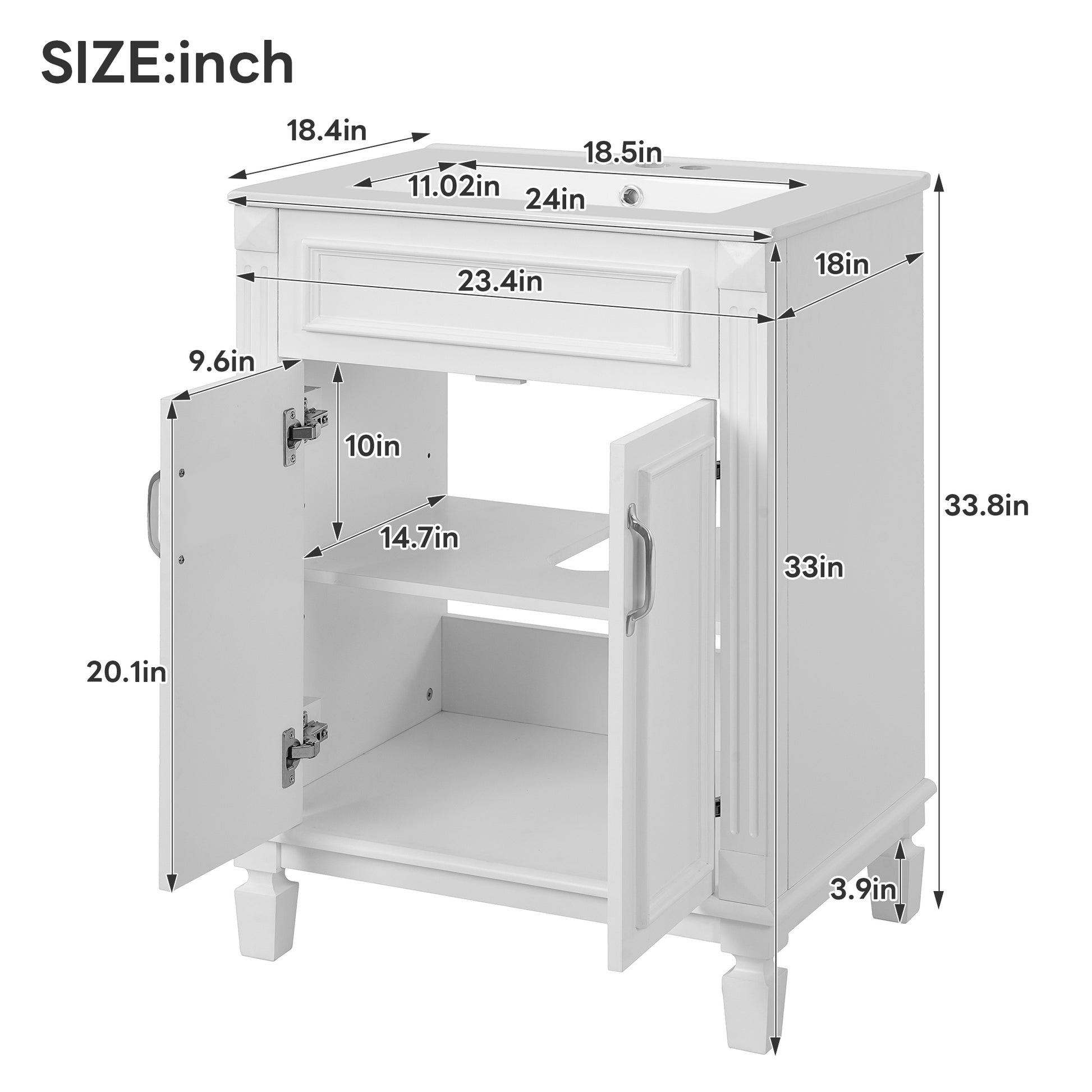 24'' Bathroom Vanity with Top Sink, Modern Bathroom Storage Cabinet with 2 Soft-Closing Doors and Adjustable Shelf, Solid Wood Frame image 8