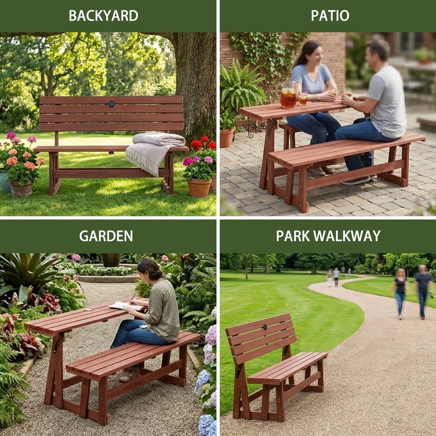 2-in-1 Convertible Bench Picnic Table, Outdoor Folding Dining Set with Backrest & Umbrella Hole, Solid Wood Waterproof & UV Resistant – For Backyard, Patio, Garden, Park Walkway image 8