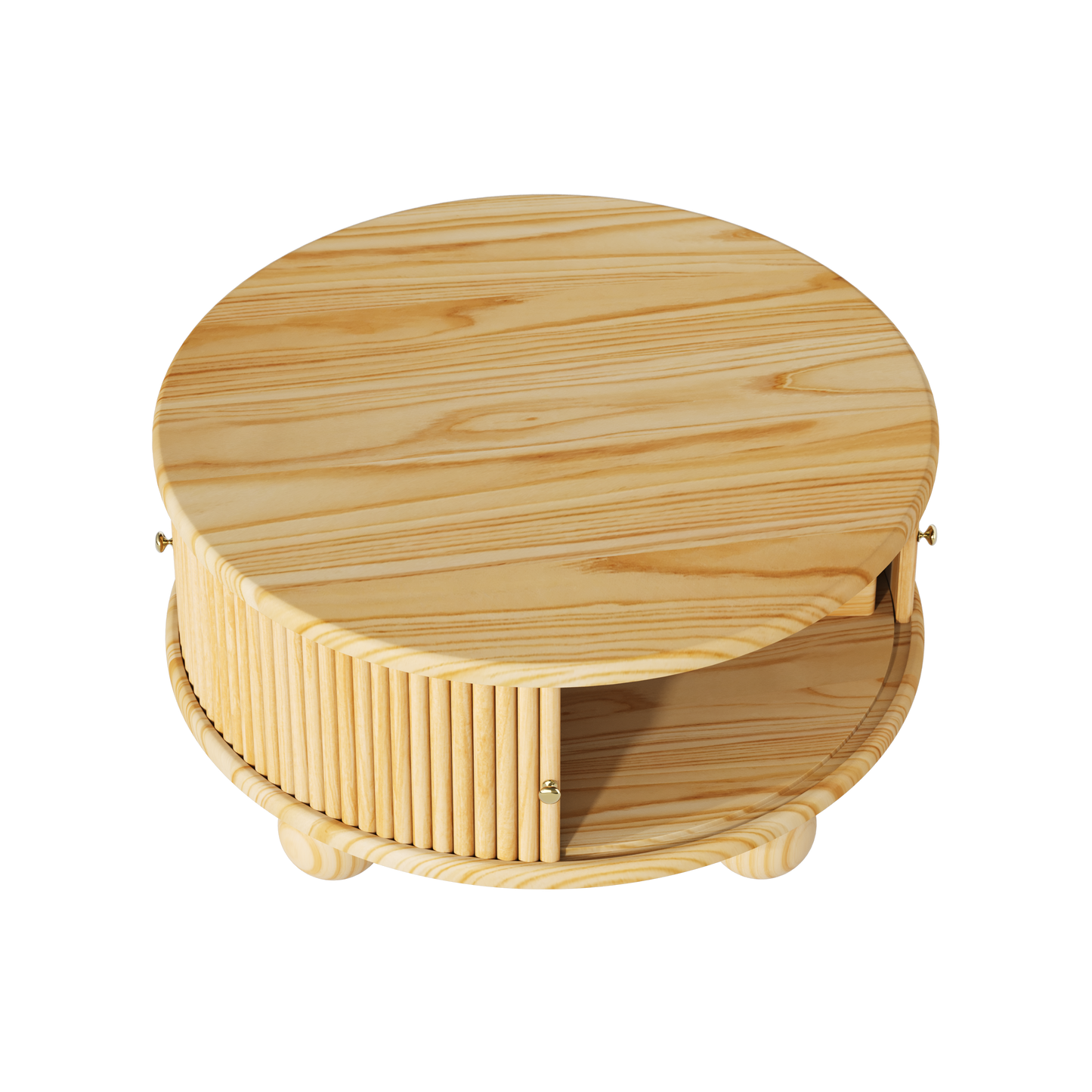 Round Fluted Coffee Table with Storage, Pine Solid Wood, Sliding Door, Natural, 31.8" image 10