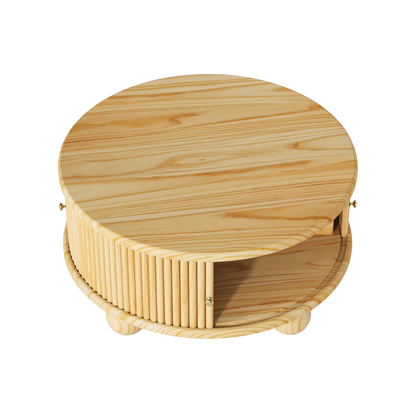 Round Fluted Coffee Table with Storage, Pine Solid Wood, Sliding Door, Natural, 31.8" image 10