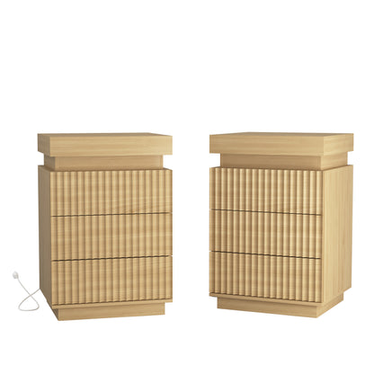 (Set of 2) Natural Nightstand Set of 2 with Charging Station & LED Lights, Fluted Wave Panel Bedside Table with Sliding Top Hidden Storage, Night Stand for Bedroom Living Room image 1