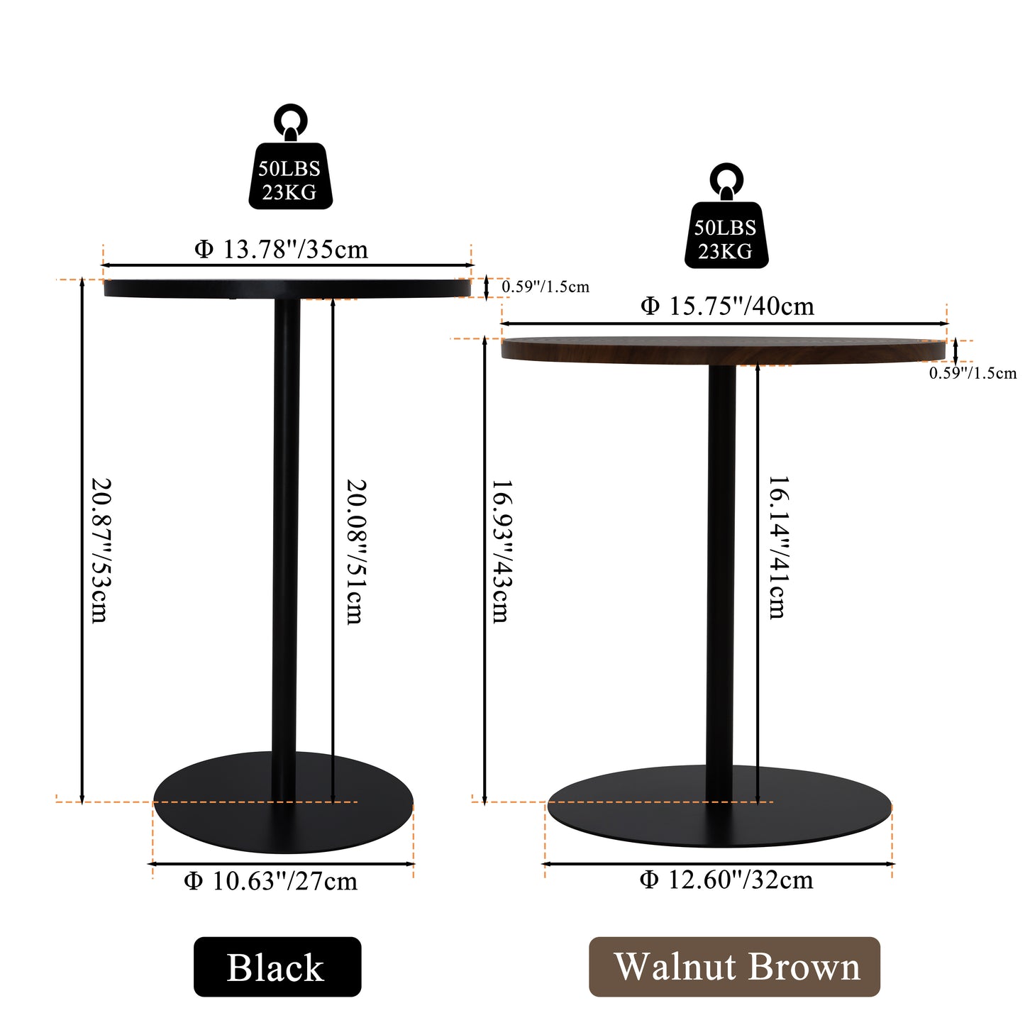 Set of 2 Small Round Side Table Wooden Concentric Circles Coffee Table for Two Metal Pedestal Nightstand for Corner Small Space (Walnut Brown & Black) image 9