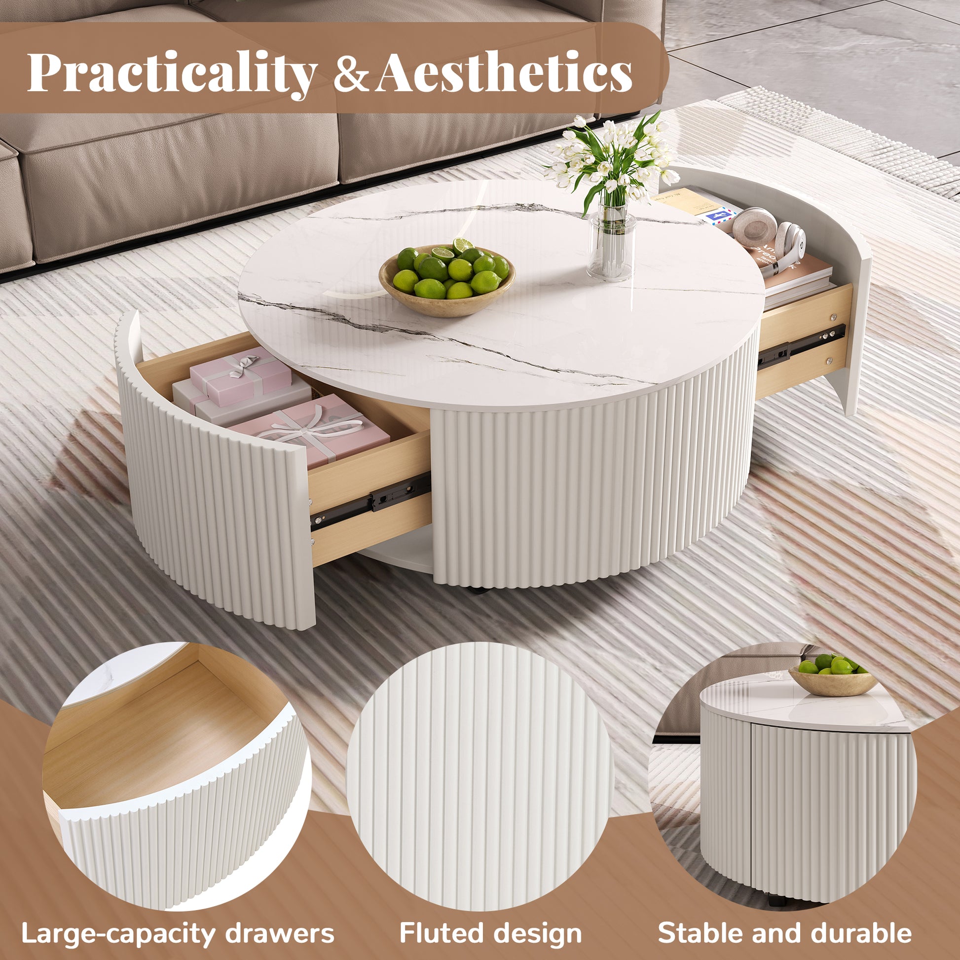 Modern Round Movable Coffee Table with Casters, 2 Drawers, Marble Pattern Sintered Stone Top, White, 29.5" image 7
