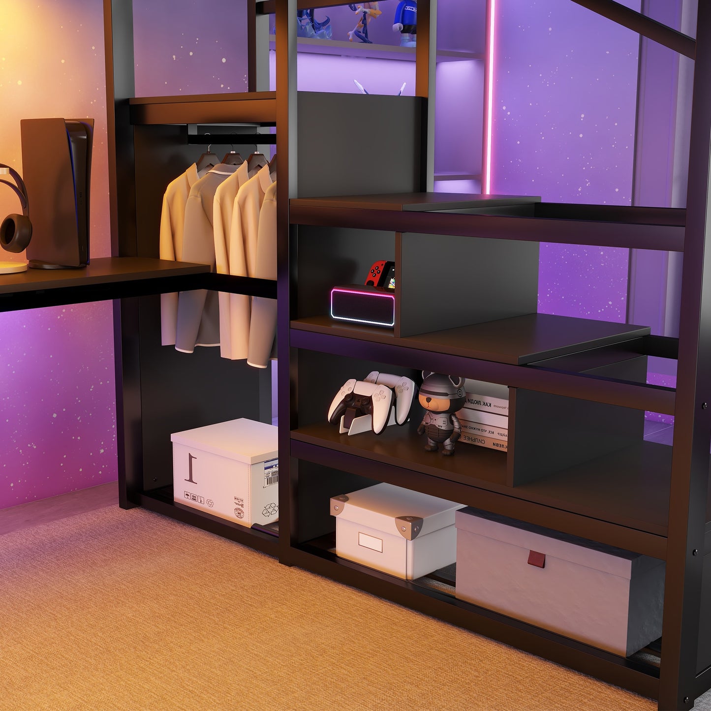 Queen Loft Bed with Desk and Charging Station, Queen Size Metal Loft Bed with Stairs and Light for Kids Teens, Black (Expect Arrival Date 2026/3/25) image 4