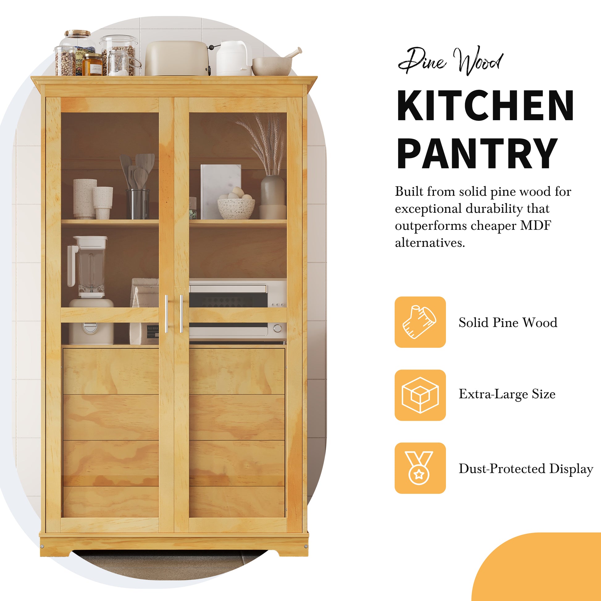 TOPMAX 44.7x20x75inch Kitchen Pantry, Freestanding Kitchen Storage Cabinet Display Cabinet with Glass Doors and 4 Built-in Drawers for Living Room, Home Office, Natural image 7