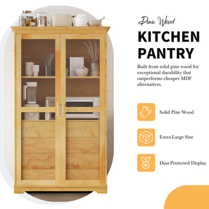 TOPMAX 44.7x20x75inch Kitchen Pantry, Freestanding Kitchen Storage Cabinet Display Cabinet with Glass Doors and 4 Built-in Drawers for Living Room, Home Office, Natural image 7