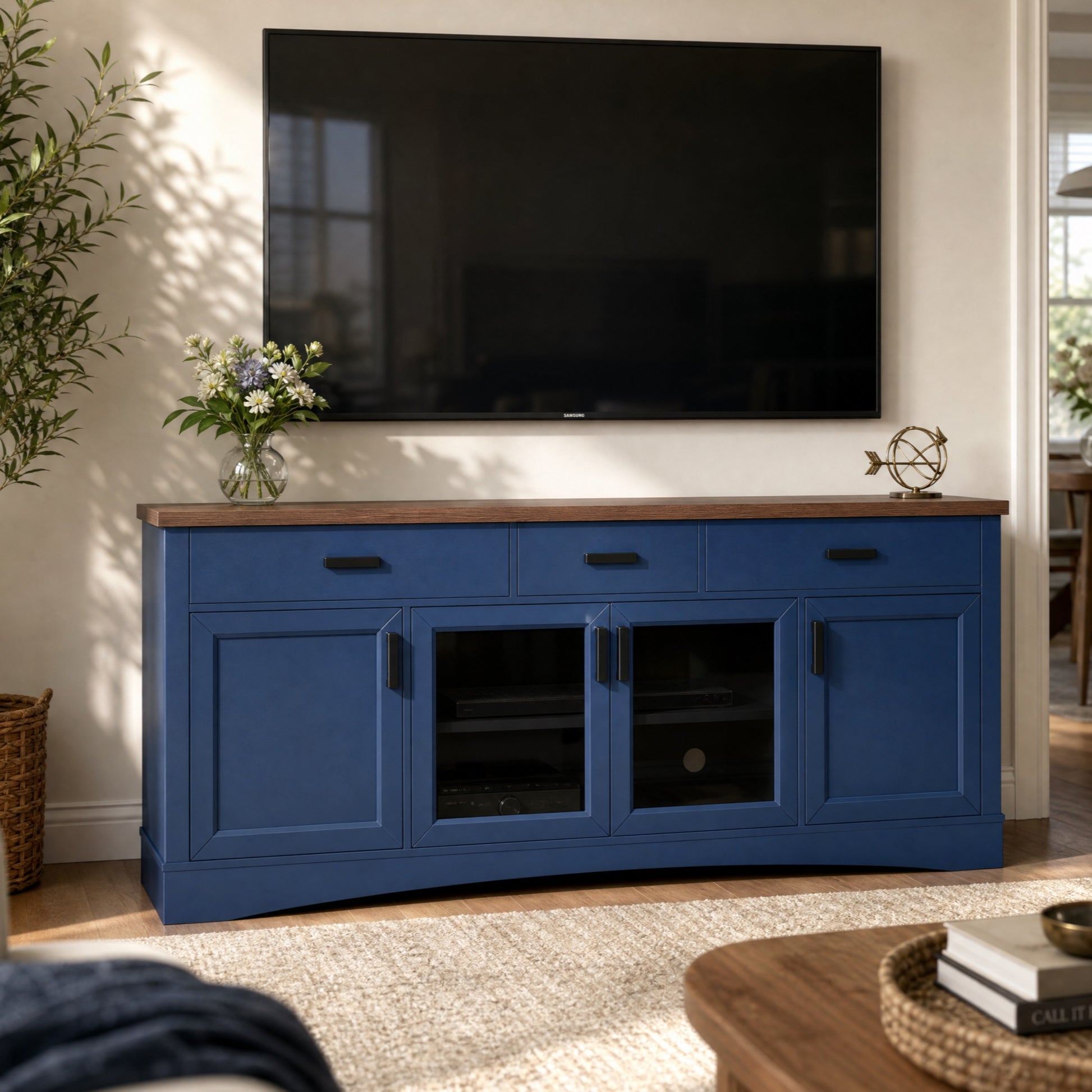 Modern Blue TV Console, 67" Width TV Stand, Glass Doors & Storage Drawers, Adjustable Shelves (Old SKU:N779P296233B) image 1