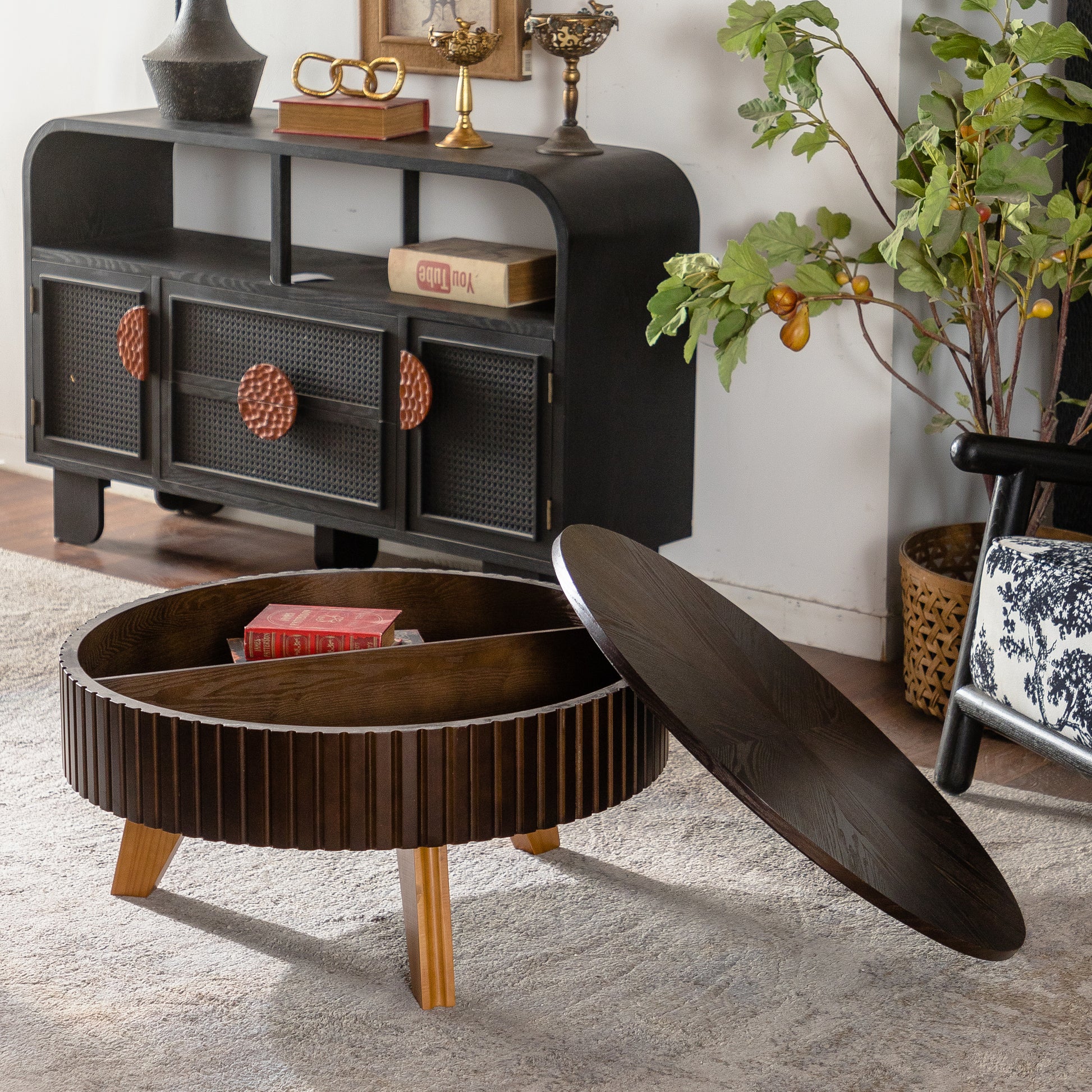 31.5" Retro Round Coffee Table with Storage Space, Suitable for Living Room and Office, Brown image 3