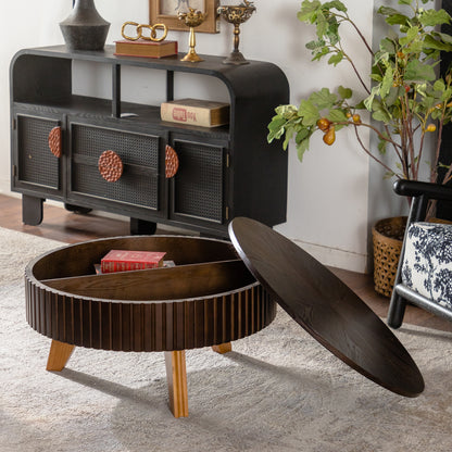 31.5" Retro Round Coffee Table with Storage Space, Suitable for Living Room and Office, Brown image 3