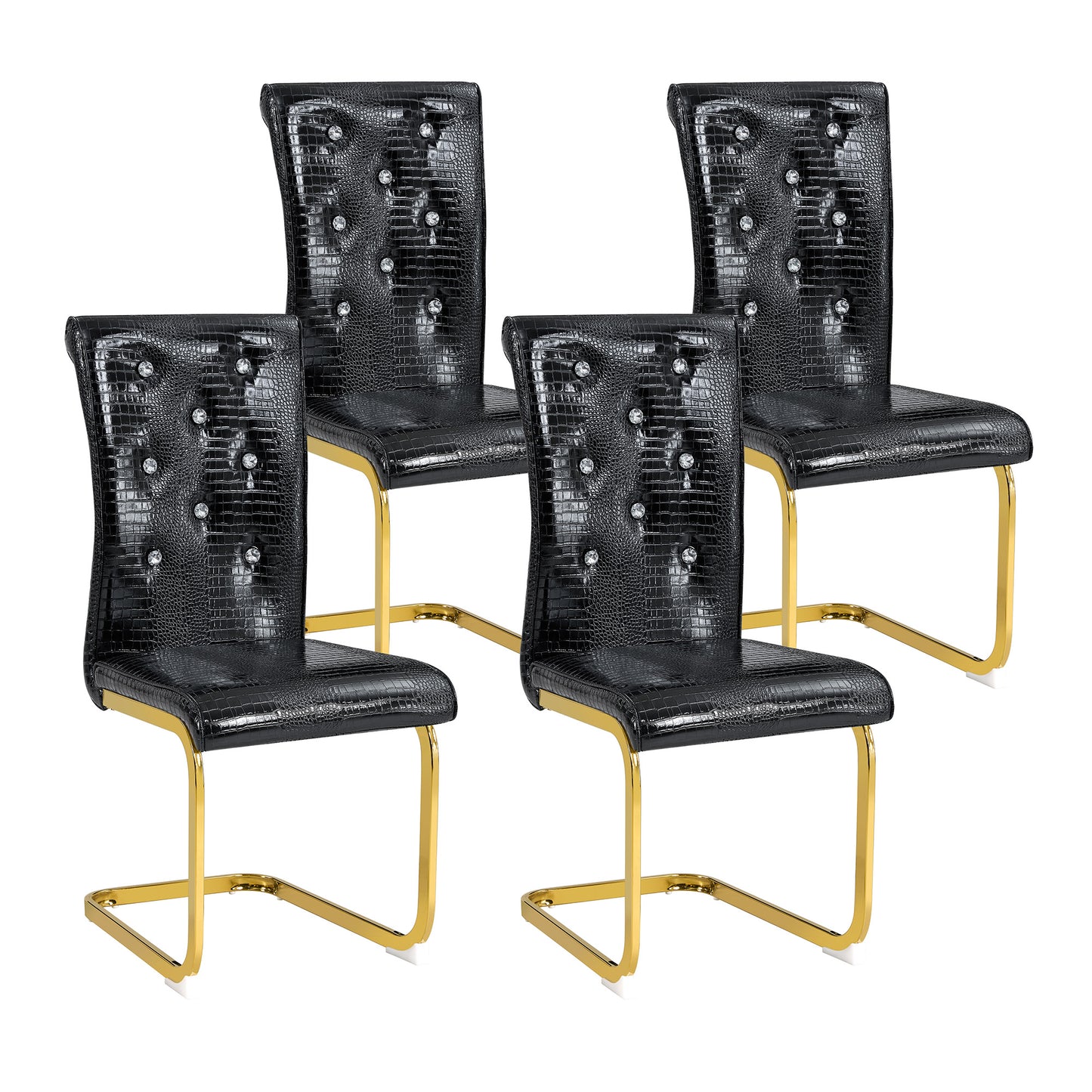 Set of 4,Retro alligator skin Upholstered dining chairs,with Crystal buckle design and Faux Leather design,a touch of elegance and mystery to the dining area,Gold plated metal bow leg image 10