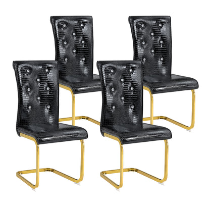 Set of 4,Retro alligator skin Upholstered dining chairs,with Crystal buckle design and Faux Leather design,a touch of elegance and mystery to the dining area,Gold plated metal bow leg image 10