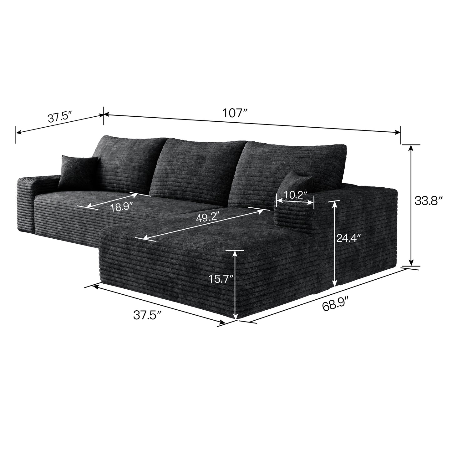 107" Cloud Sectional Couch with L-Shape Chaise,Modern Modular Sofa with Deep Seat, Upholstered Couches for Living Room Bedroom,No Assembly Required, BLACK(Plush Corduroy Fabric),Black image 6